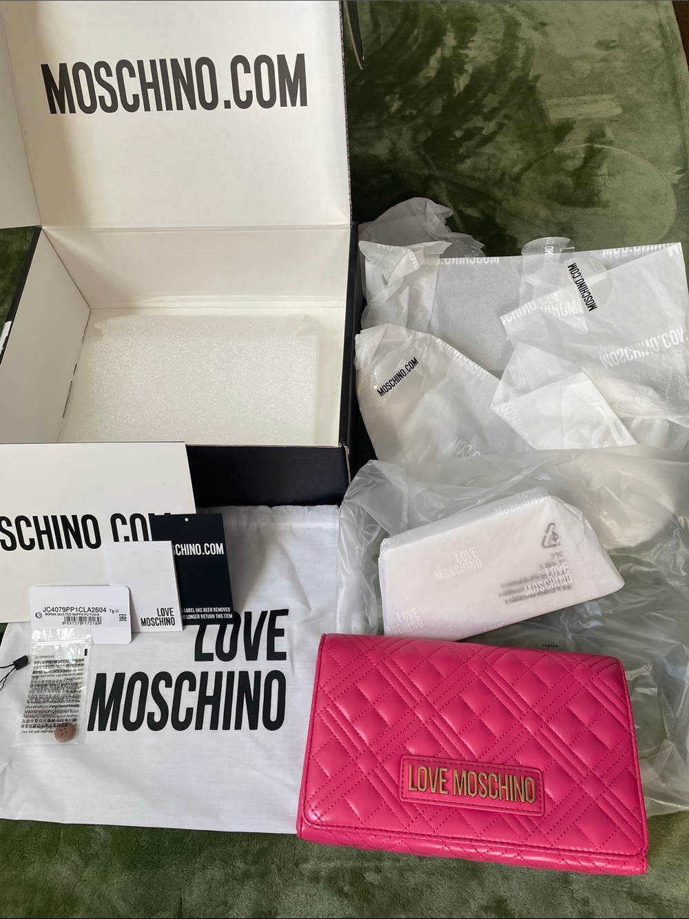 Authentic Moschino Pink Quilted Love Logo Purse with Gold chain Sling
